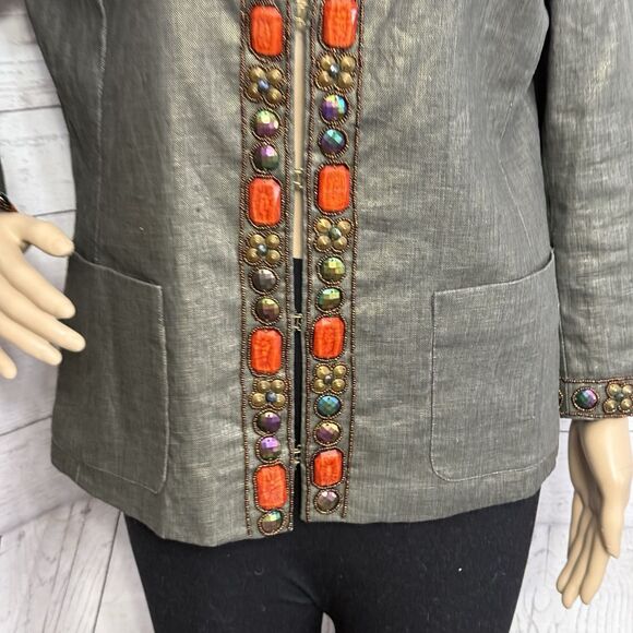 Boston Proper Beaded Linen Jacket Size 14 Metallic Sheen Orange Bronze - Picture 8 of 12